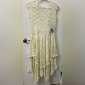 Chic Asymmetrical Cream Lace Dress Sleeveless Tiered w/slip XL NWT